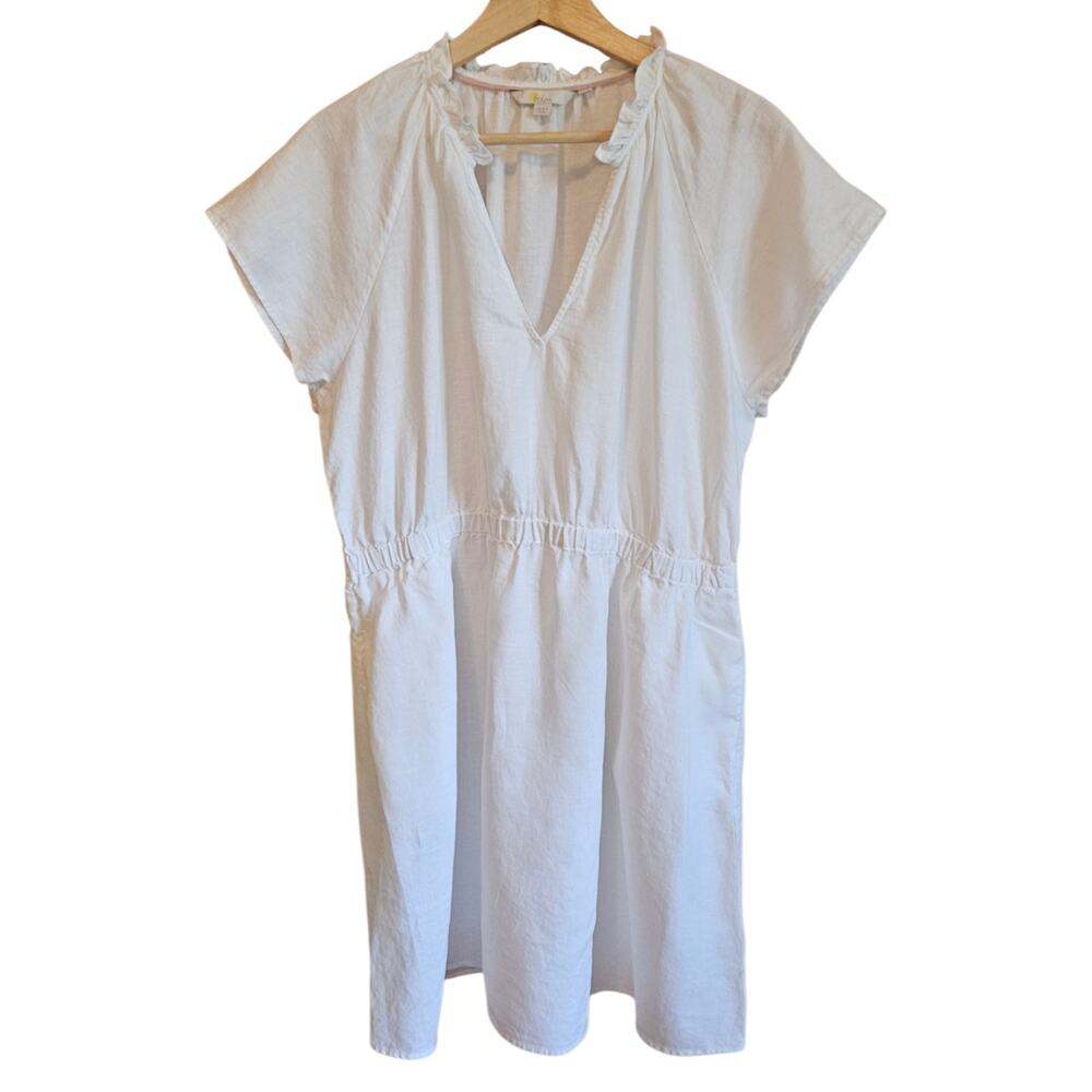 Boden US 14R White 100% Linen Ruffle V-Neck Elastic Waist Pocket Dress